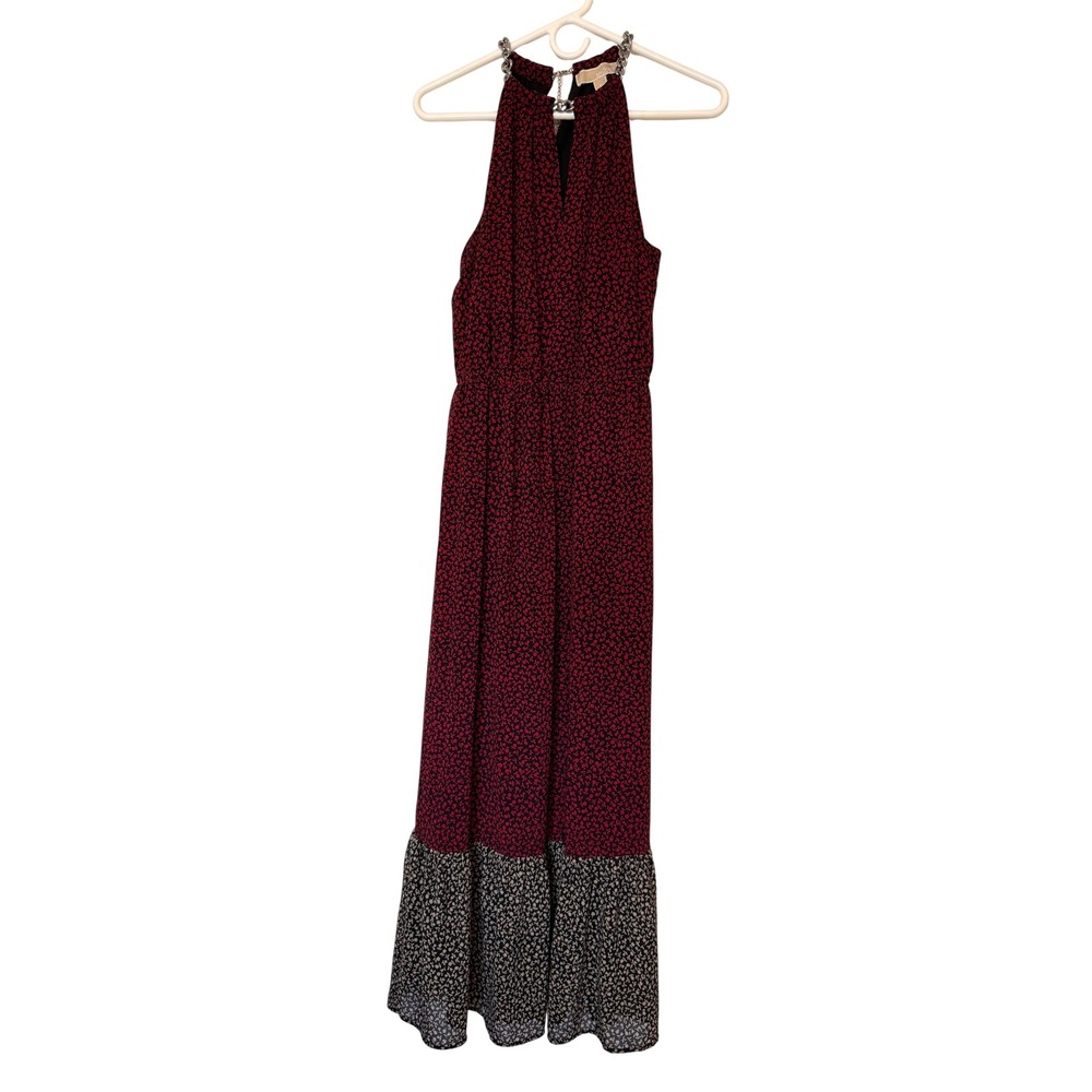 Michael Kors Maxi Dress Polyester‎ Halter Chain Neck Floral Boho Red Black Small